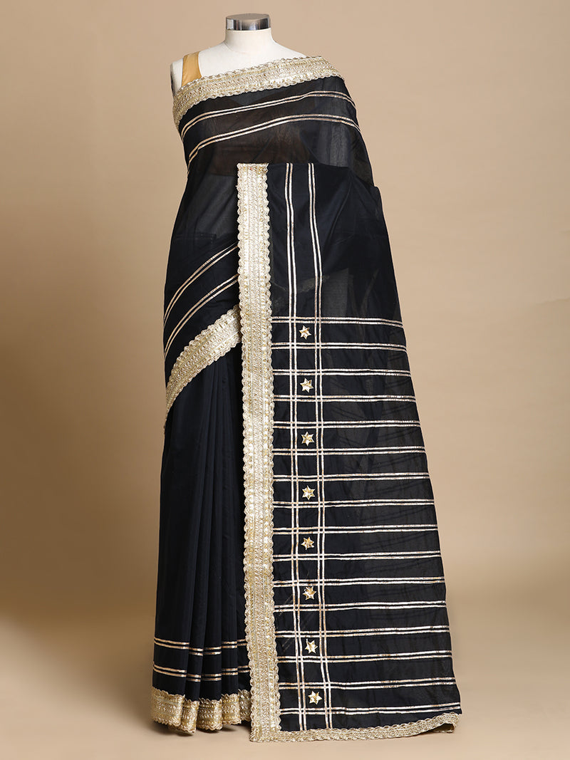 Sringara x Tyohaar | Black Chandheri Heritage Line Gota Work Saree With Designer Embroidered Lace-Binks