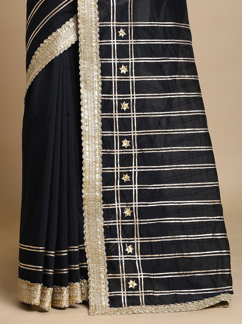 Sringara x Tyohaar | Black Chandheri Heritage Line Gota Work Saree With Designer Embroidered Lace-Binks