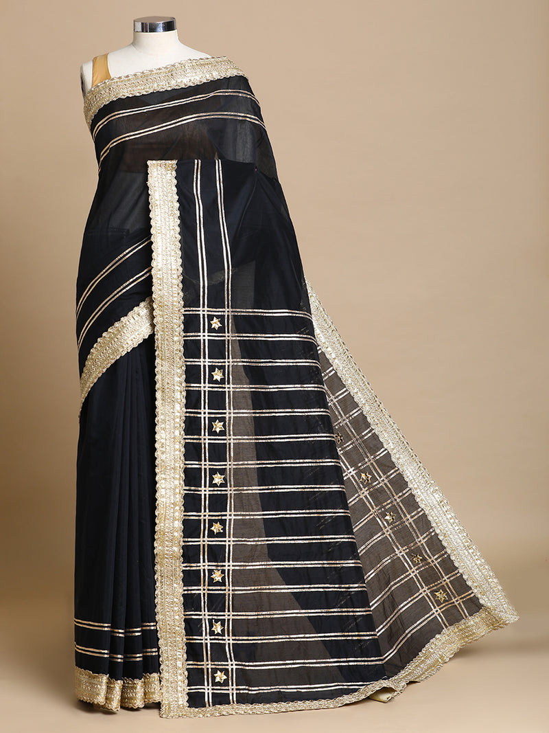 Sringara x Tyohaar | Black Chandheri Heritage Line Gota Work Saree With Designer Embroidered Lace-Binks
