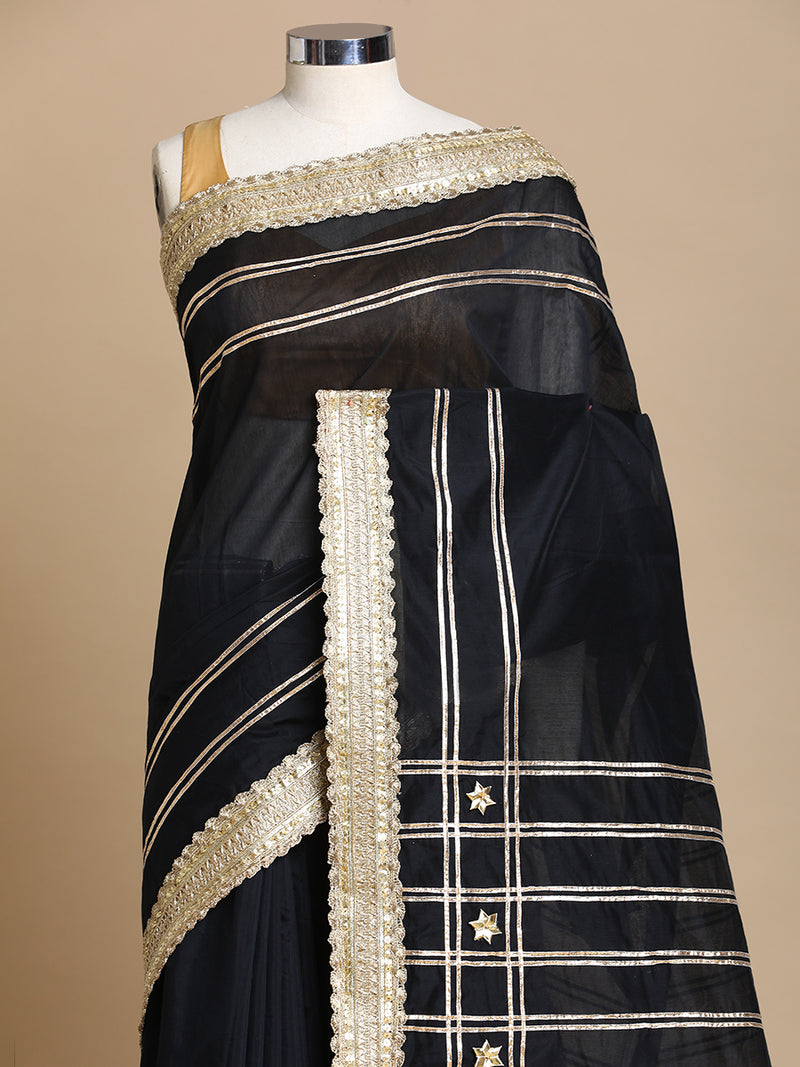 Sringara x Tyohaar | Black Chandheri Heritage Line Gota Work Saree With Designer Embroidered Lace-Binks