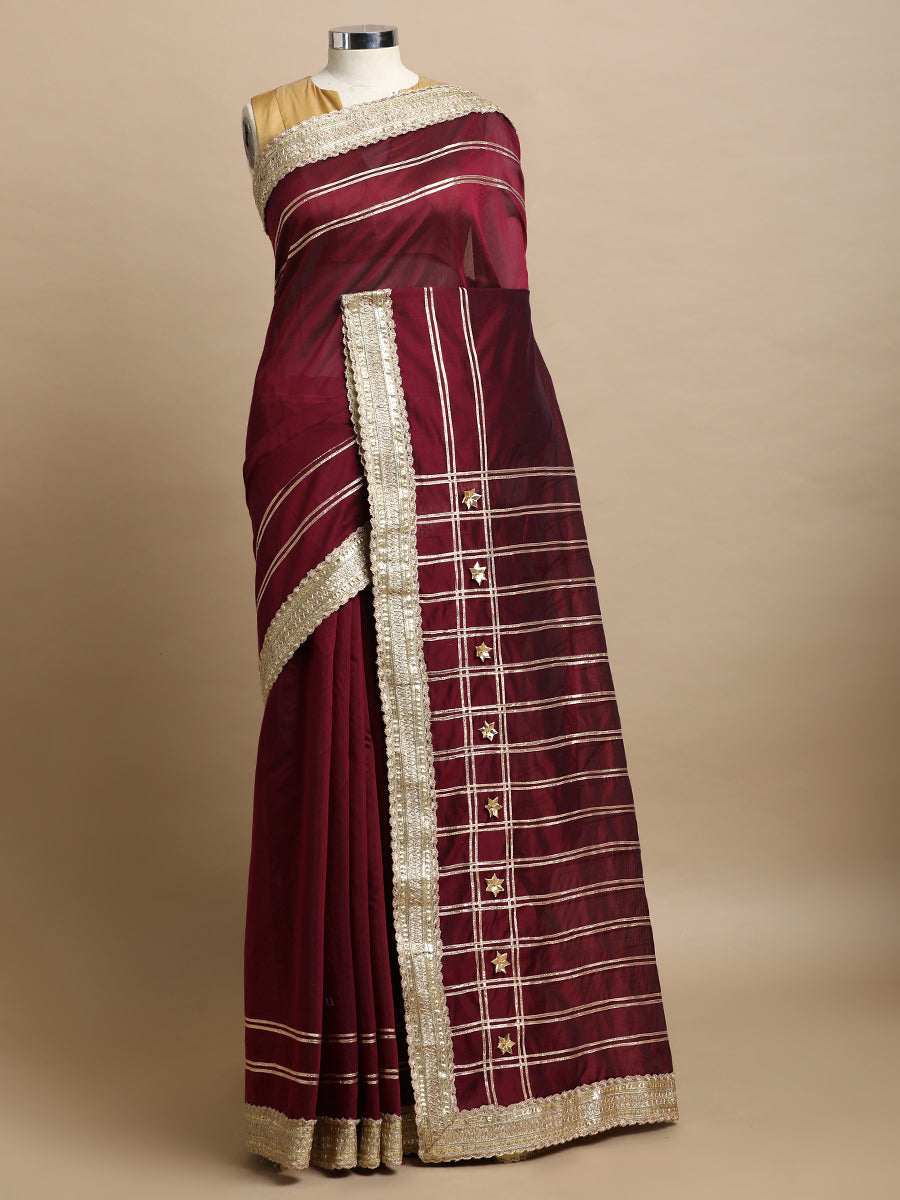 Sringara x Tyohaar | Burgundy Chandheri Heritage Line Gota Work Saree With Designer Embroidered Lace