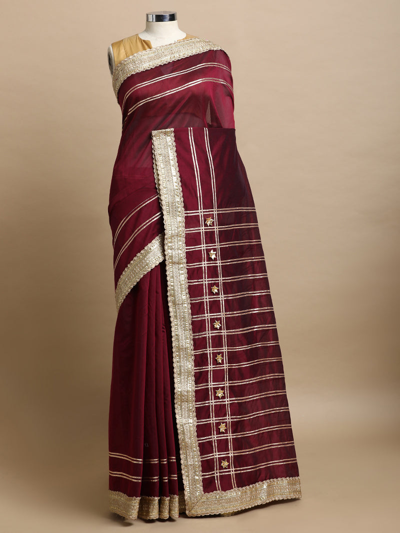 Sringara x Tyohaar | Burgundy Chandheri Heritage Line Gota Work Saree With Designer Embroidered Lace-Binks
