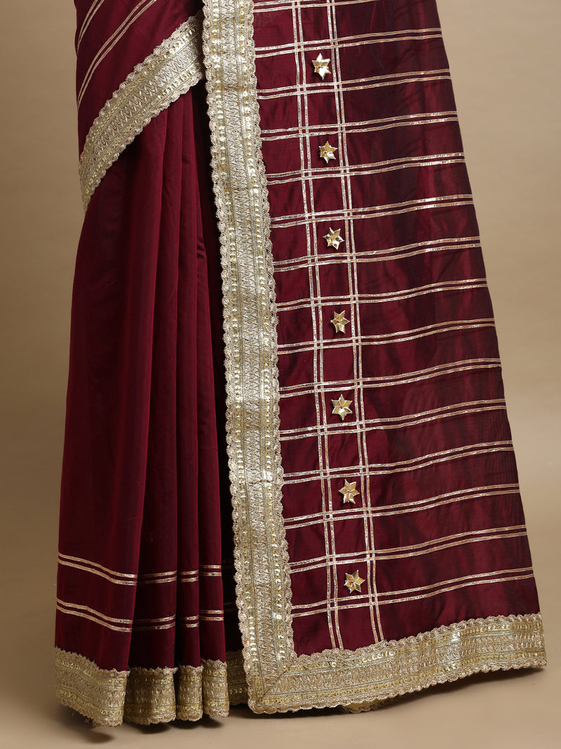 Sringara x Tyohaar | Burgundy Chandheri Heritage Line Gota Work Saree With Designer Embroidered Lace-Binks