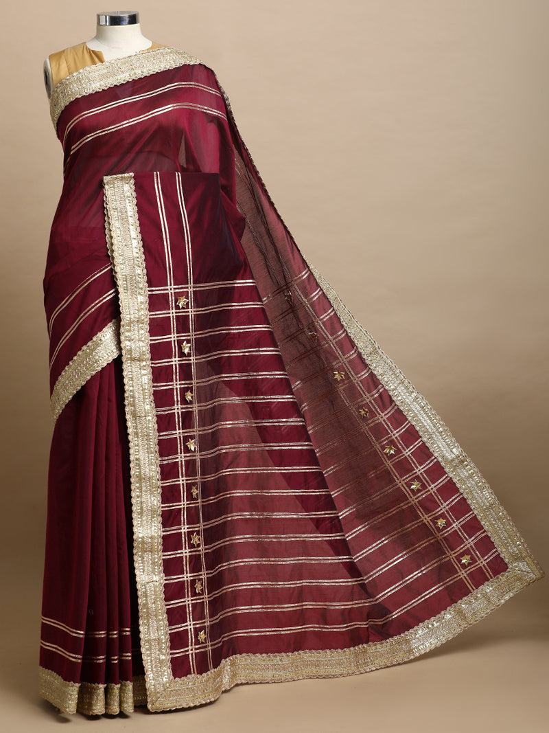 Sringara x Tyohaar | Burgundy Chandheri Heritage Line Gota Work Saree With Designer Embroidered Lace-Binks