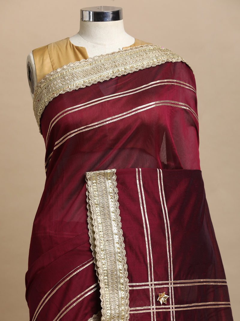 Sringara x Tyohaar | Burgundy Chandheri Heritage Line Gota Work Saree With Designer Embroidered Lace-Binks