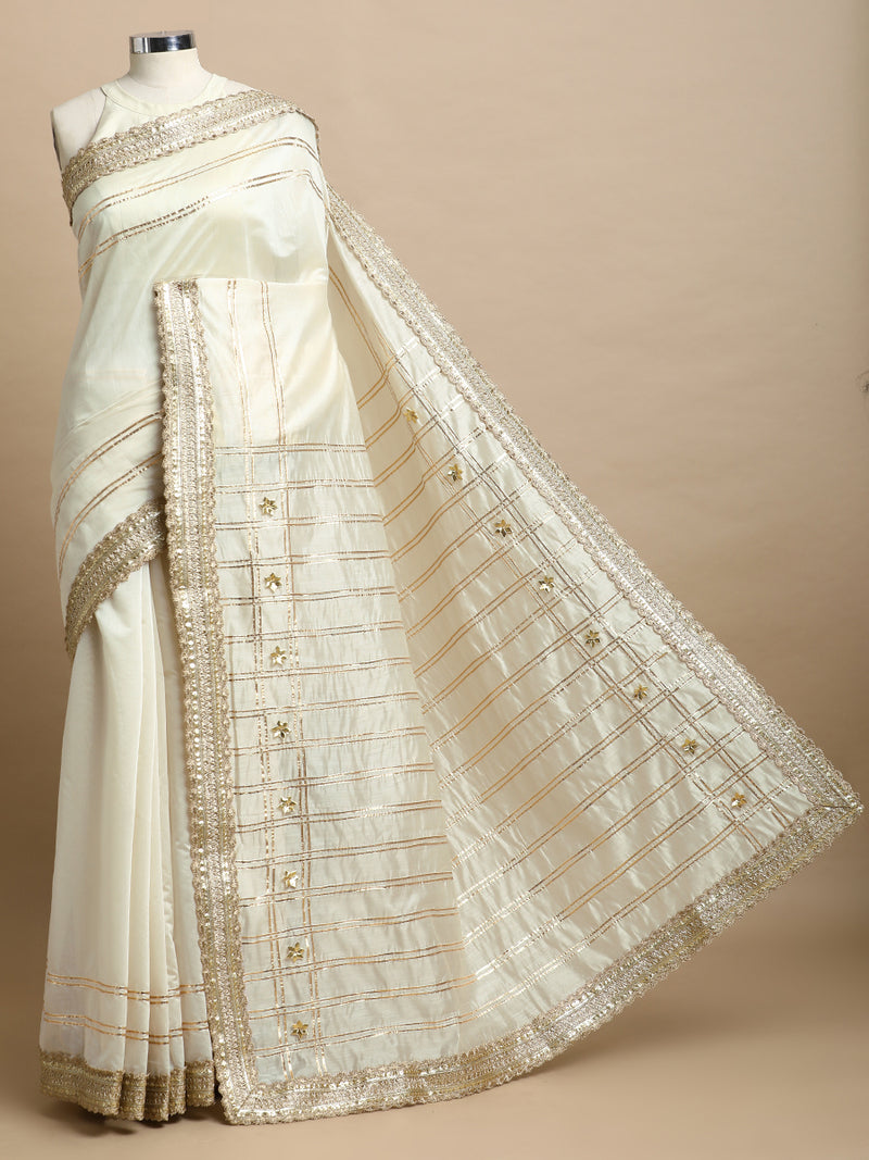 Sringara x Tyohaar | Cream Chandheri Heritage Line Gota Work Saree With Designer Embroidered Lace-Binks