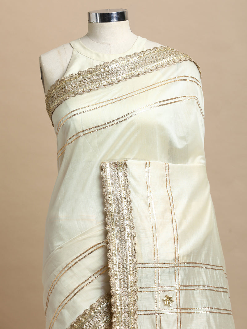 Sringara x Tyohaar | Cream Chandheri Heritage Line Gota Work Saree With Designer Embroidered Lace-Binks