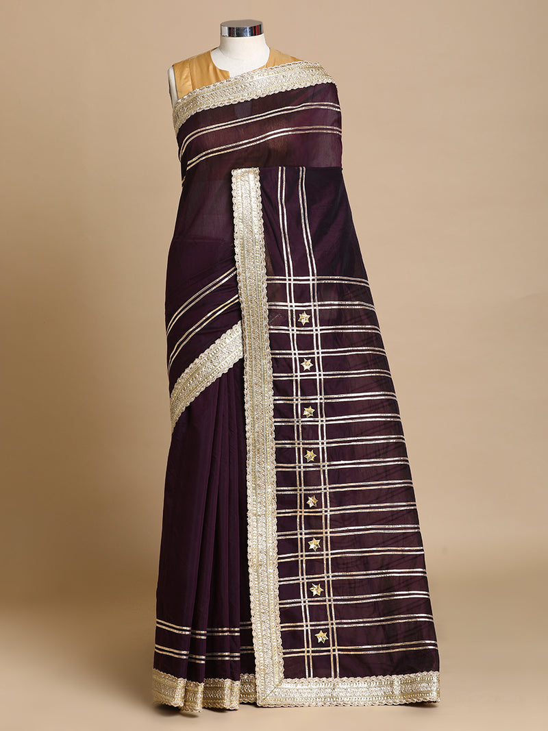 Sringara x Tyohaar | Deep Purple Chandheri Heritage Line Gota Work Saree With Designer Embroidered Lace-Binks