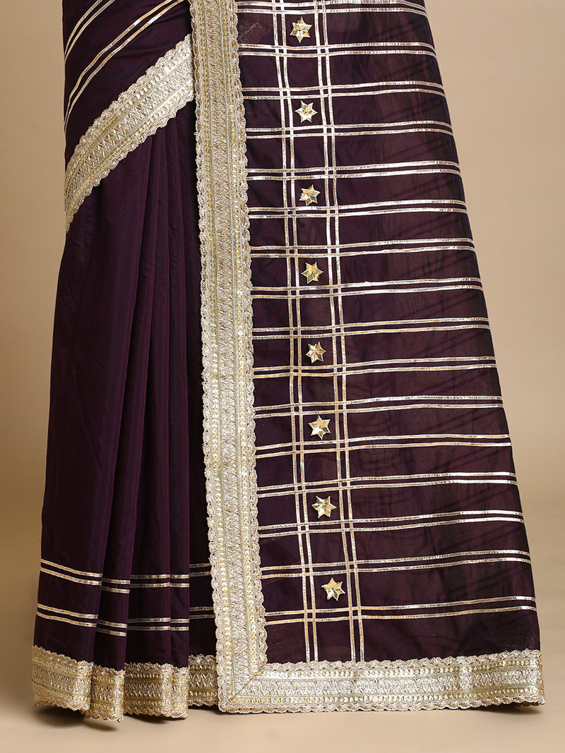 Sringara x Tyohaar | Deep Purple Chandheri Heritage Line Gota Work Saree With Designer Embroidered Lace-Binks