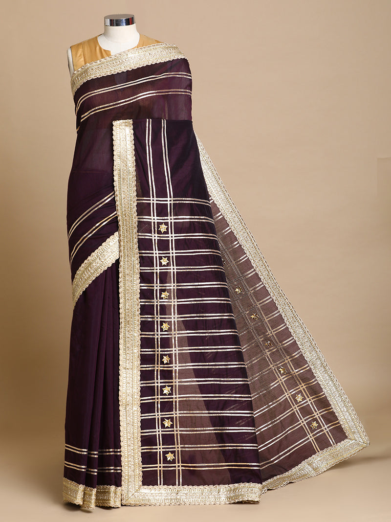 Sringara x Tyohaar | Deep Purple Chandheri Heritage Line Gota Work Saree With Designer Embroidered Lace-Binks