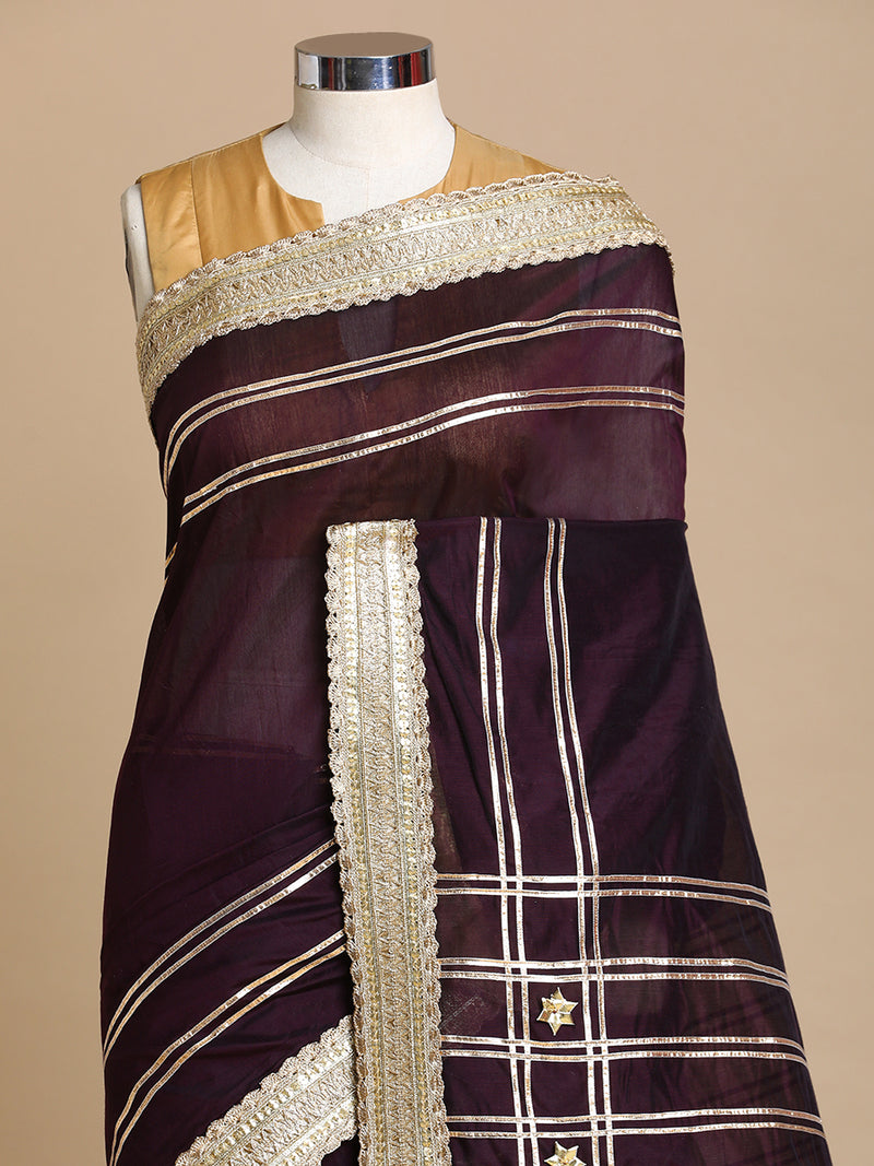 Sringara x Tyohaar | Deep Purple Chandheri Heritage Line Gota Work Saree With Designer Embroidered Lace-Binks