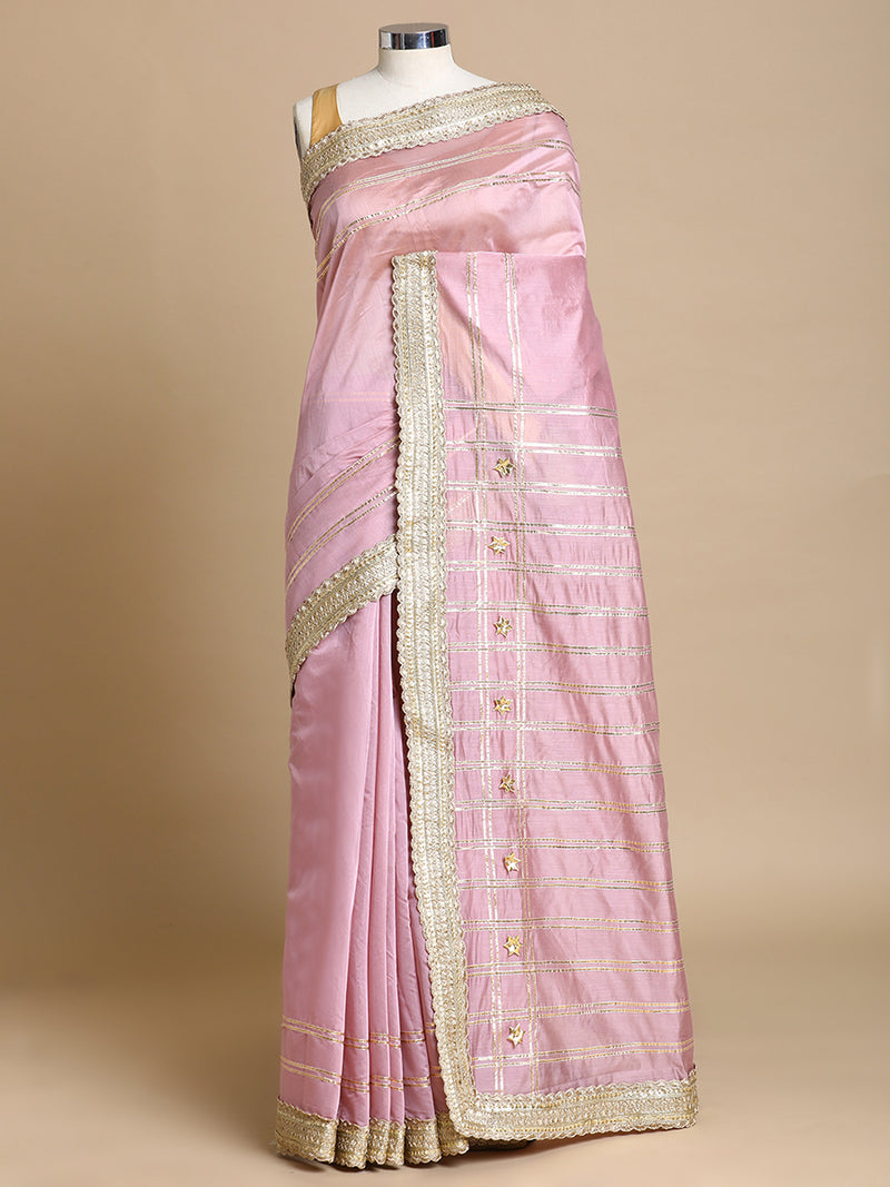 Sringara x Tyohaar | Lavender Chandheri Heritage Line Gota Work Saree With Designer Embroidered Lace-Binks