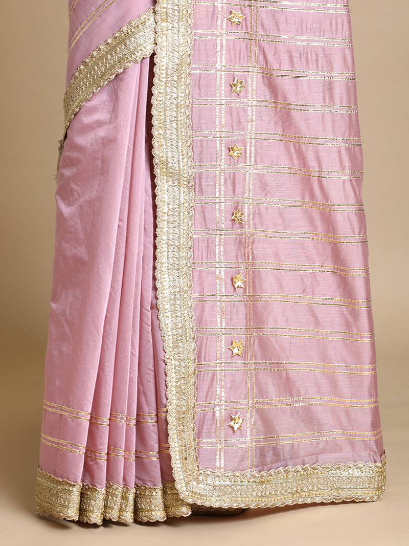 Sringara x Tyohaar | Lavender Chandheri Heritage Line Gota Work Saree With Designer Embroidered Lace-Binks