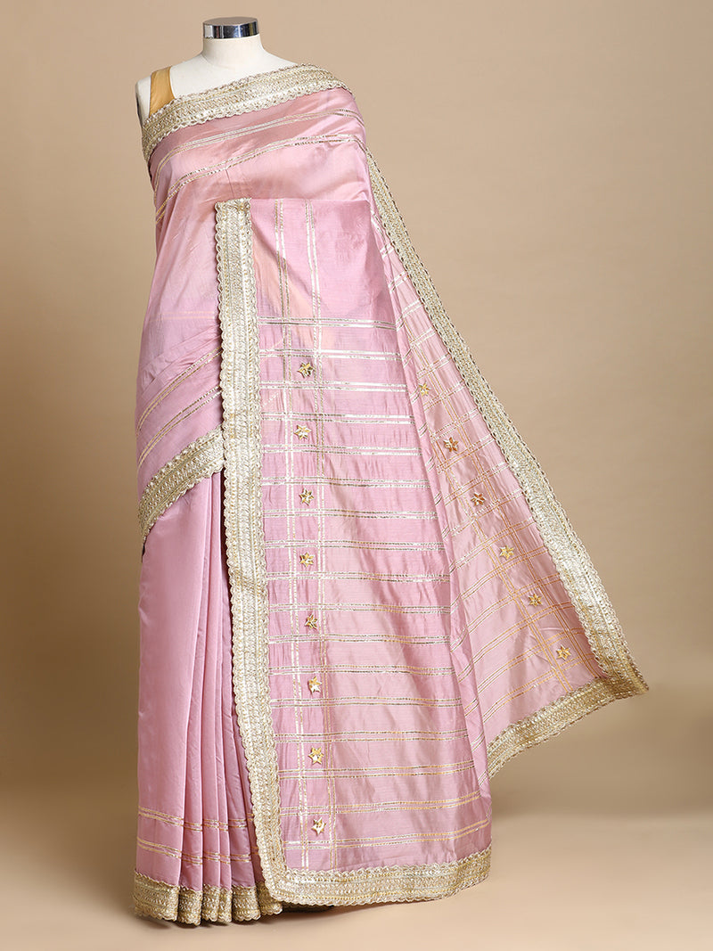 Sringara x Tyohaar | Lavender Chandheri Heritage Line Gota Work Saree With Designer Embroidered Lace-Binks