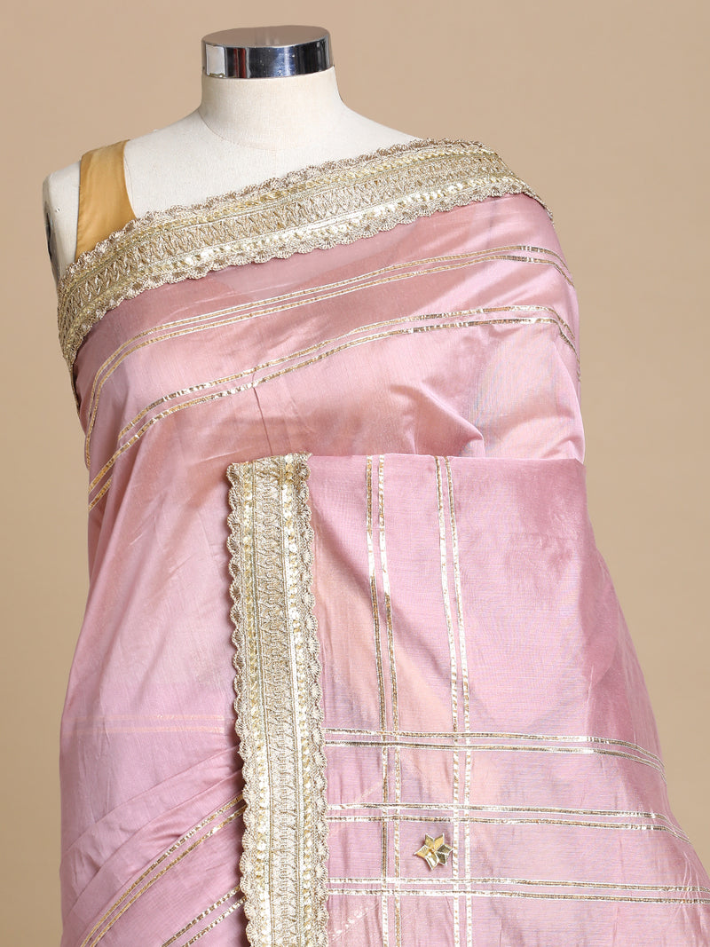 Sringara x Tyohaar | Lavender Chandheri Heritage Line Gota Work Saree With Designer Embroidered Lace-Binks