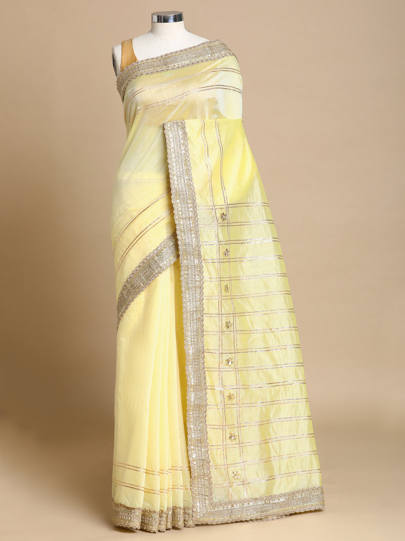 Sringara x Tyohaar | Lemon Yellow Chandheri Heritage Line Gota Work Saree With Designer Embroidered Lace-Binks