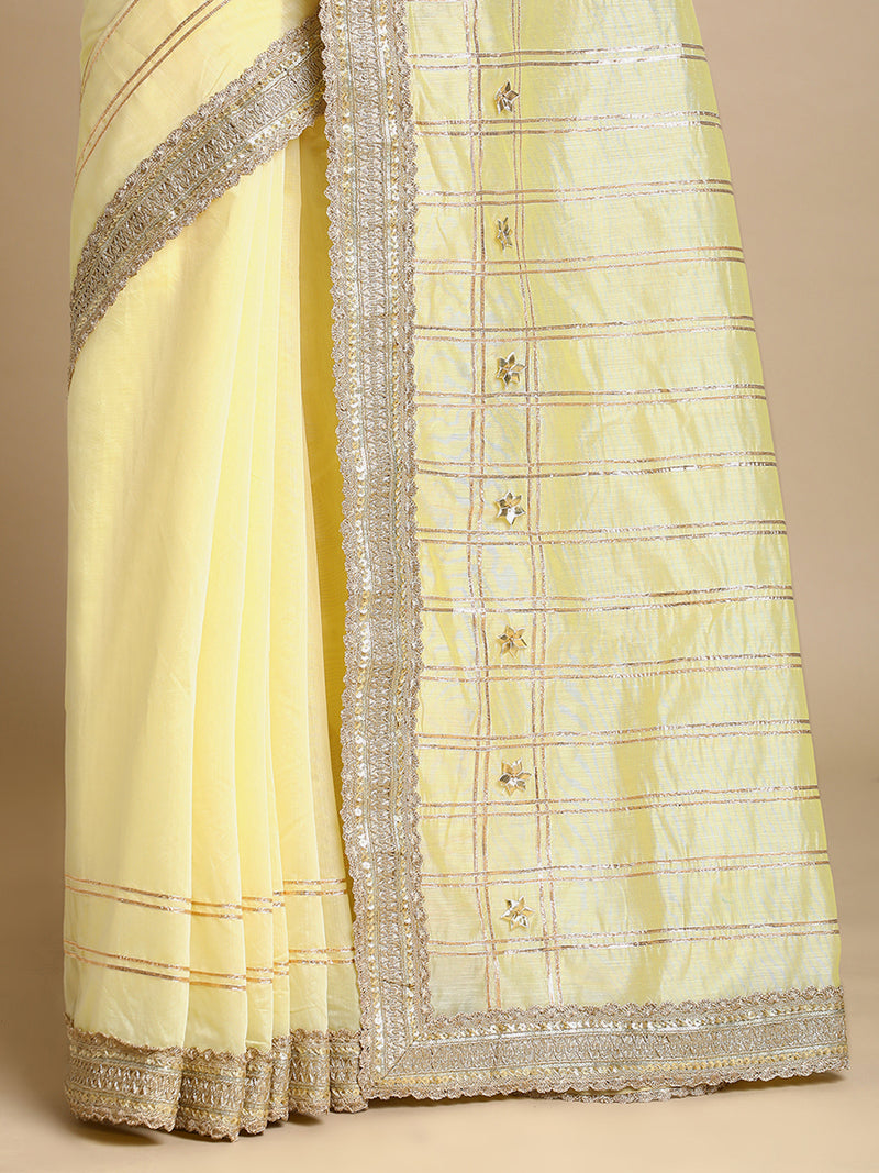 Sringara x Tyohaar | Lemon Yellow Chandheri Heritage Line Gota Work Saree With Designer Embroidered Lace-Binks