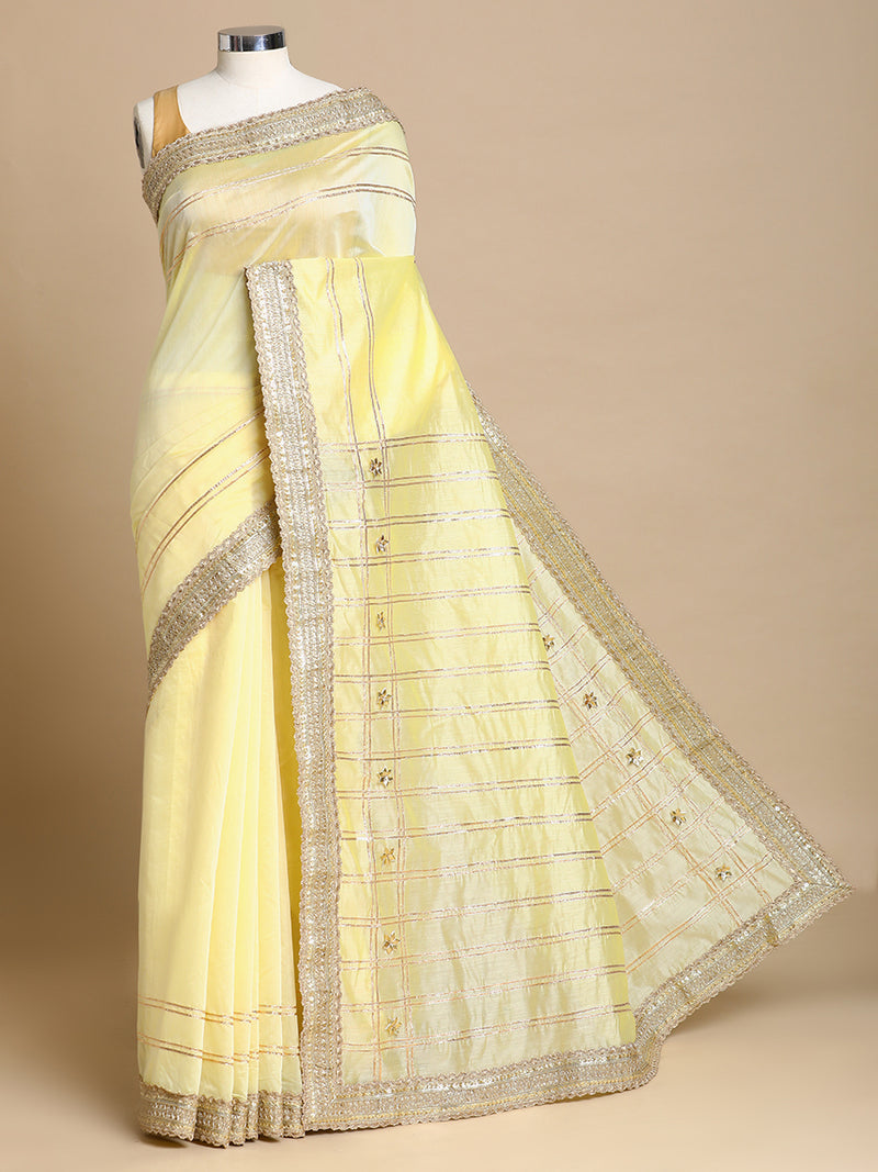 Sringara x Tyohaar | Lemon Yellow Chandheri Heritage Line Gota Work Saree With Designer Embroidered Lace-Binks