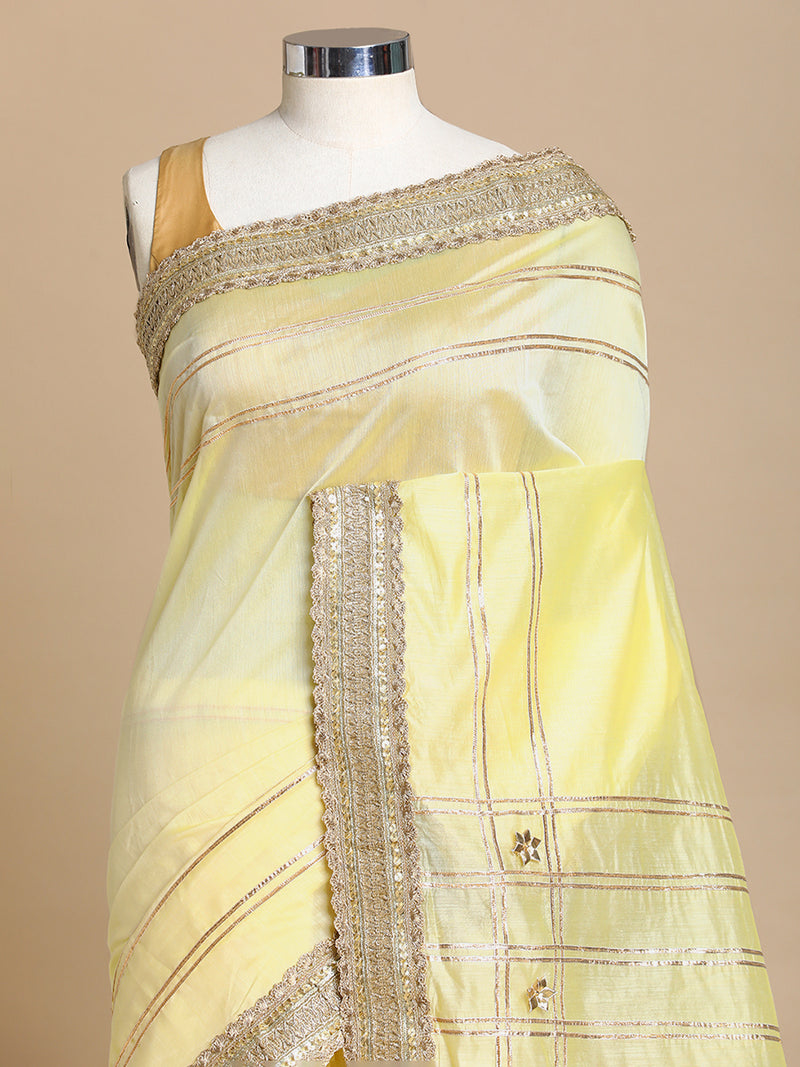 Sringara x Tyohaar | Lemon Yellow Chandheri Heritage Line Gota Work Saree With Designer Embroidered Lace-Binks