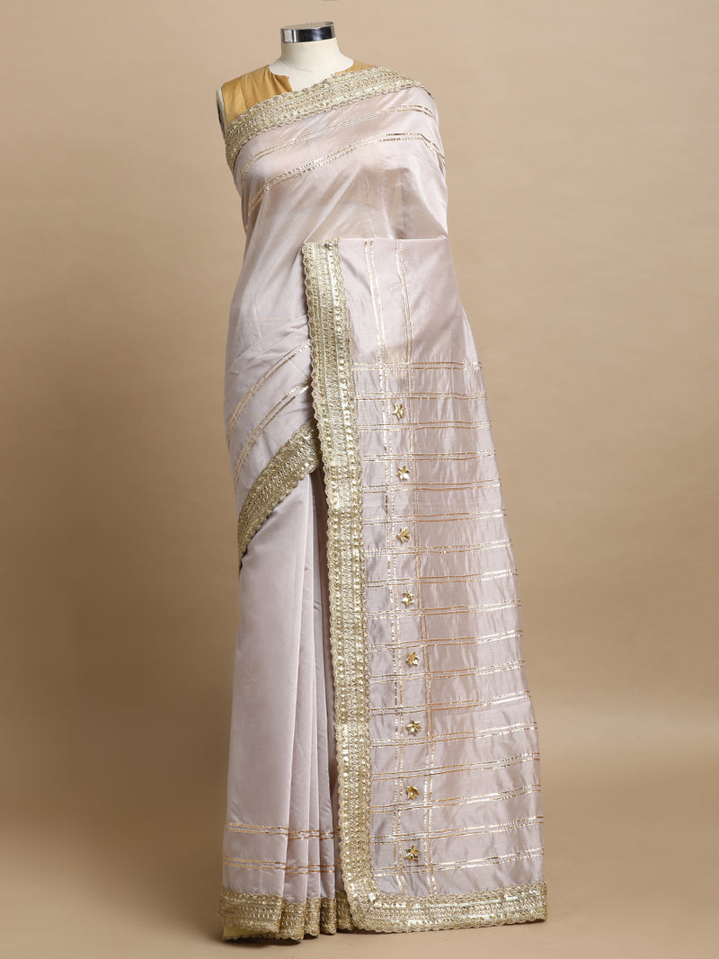 Sringara x Tyohaar | Oyster Grey Chandheri Heritage Line Gota Work Saree With Designer Embroidered Lace-Binks