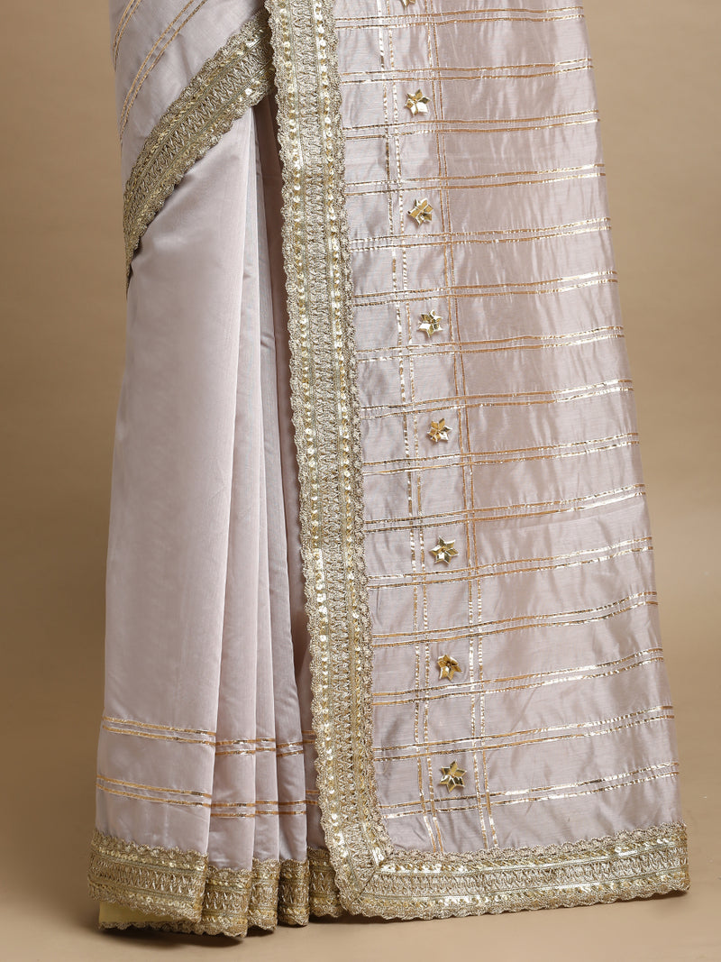 Sringara x Tyohaar | Oyster Grey Chandheri Heritage Line Gota Work Saree With Designer Embroidered Lace-Binks
