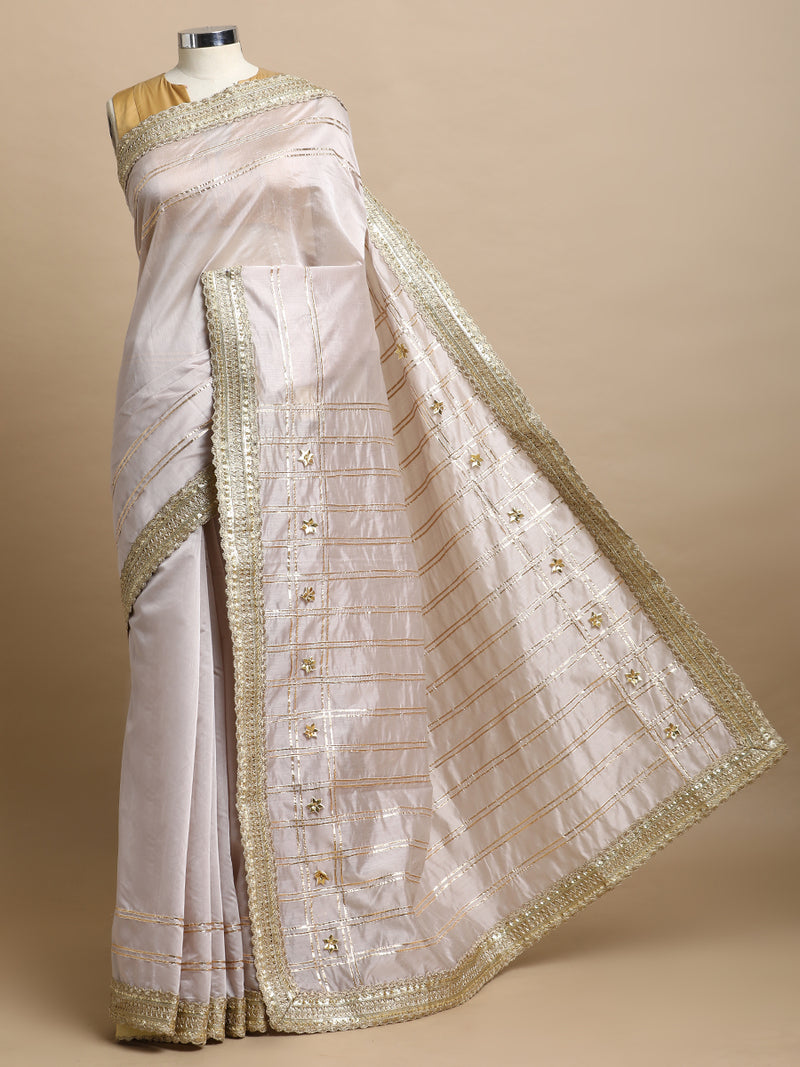 Sringara x Tyohaar | Oyster Grey Chandheri Heritage Line Gota Work Saree With Designer Embroidered Lace-Binks