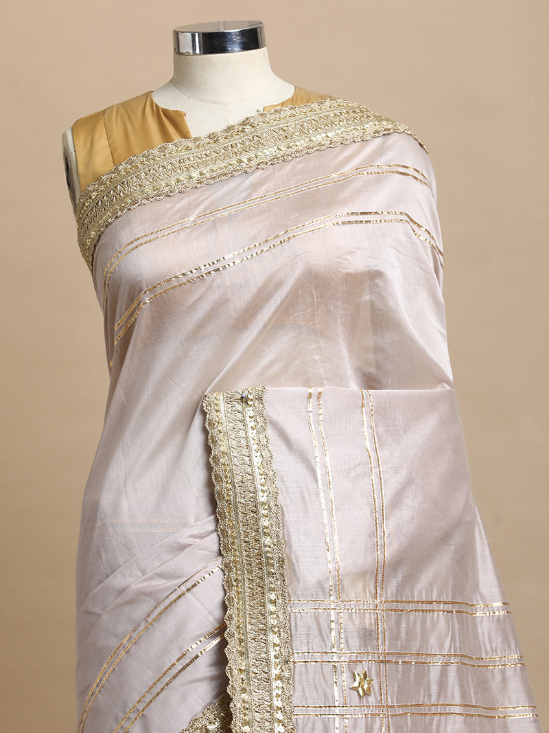 Sringara x Tyohaar | Oyster Grey Chandheri Heritage Line Gota Work Saree With Designer Embroidered Lace-Binks