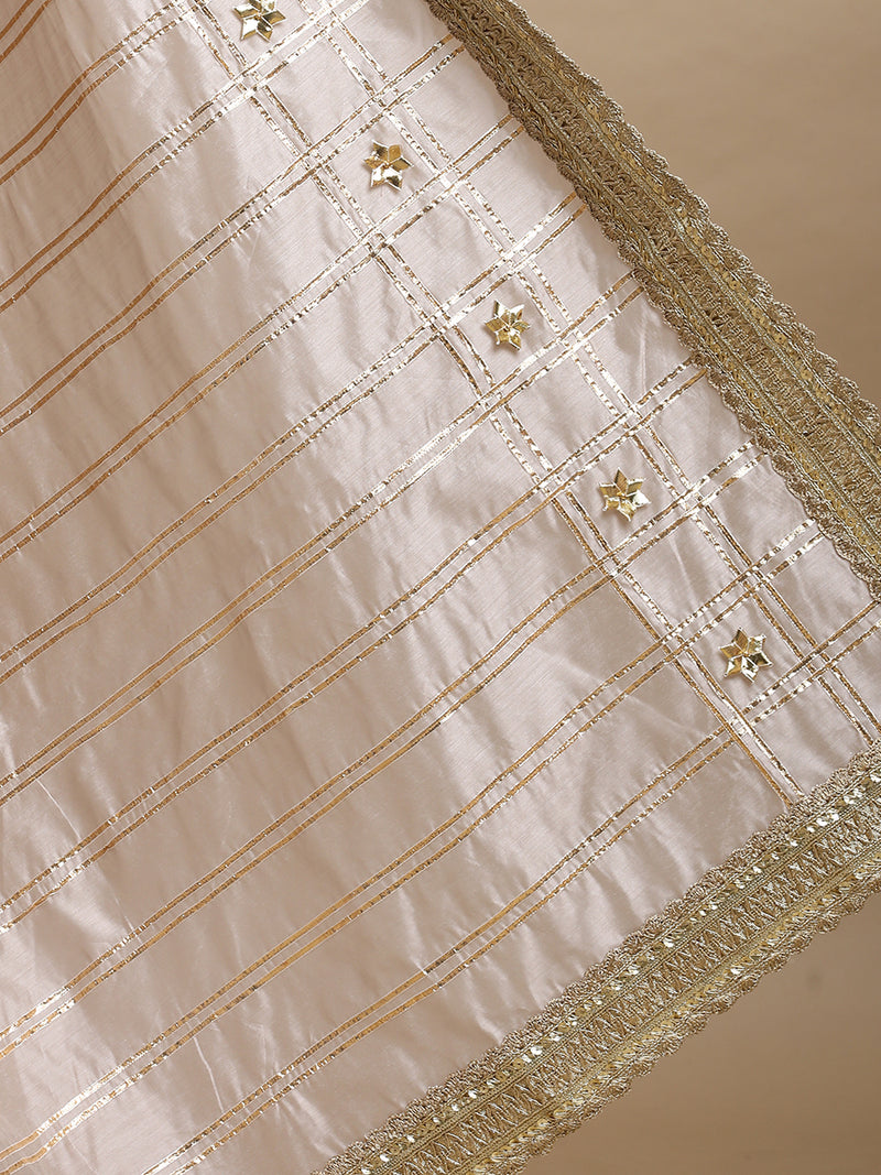 Sringara x Tyohaar | Oyster Grey Chandheri Heritage Line Gota Work Saree With Designer Embroidered Lace-Binks