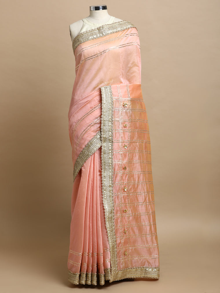 Sringara x Tyohaar Saree, in Peach Chandheri, made for party & festive.