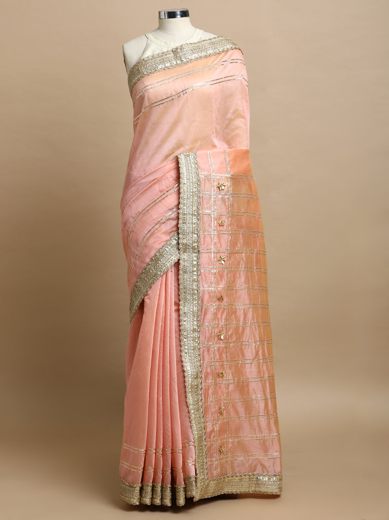 Sringara x Tyohaar | Peach Chandheri Heritage Line Gota Work Saree With Designer Embroidered Lace-Binks