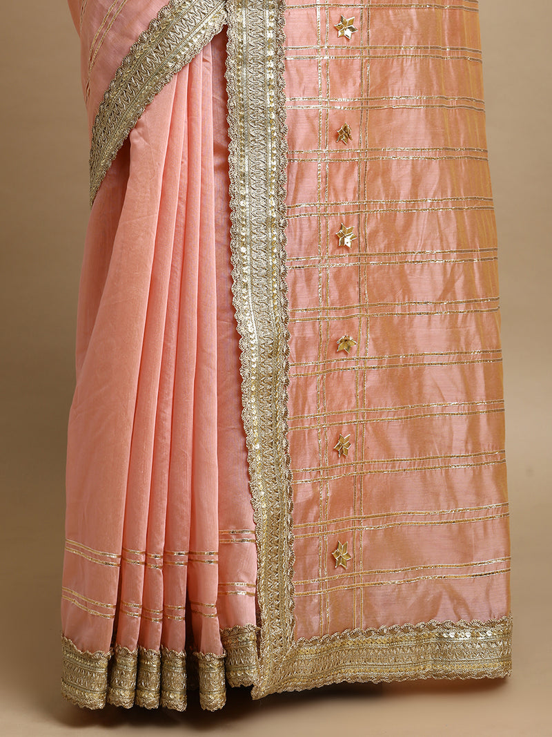 Sringara x Tyohaar | Peach Chandheri Heritage Line Gota Work Saree With Designer Embroidered Lace-Binks