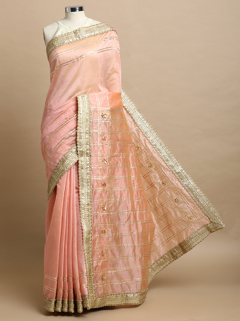 Sringara x Tyohaar | Peach Chandheri Heritage Line Gota Work Saree With Designer Embroidered Lace-Binks