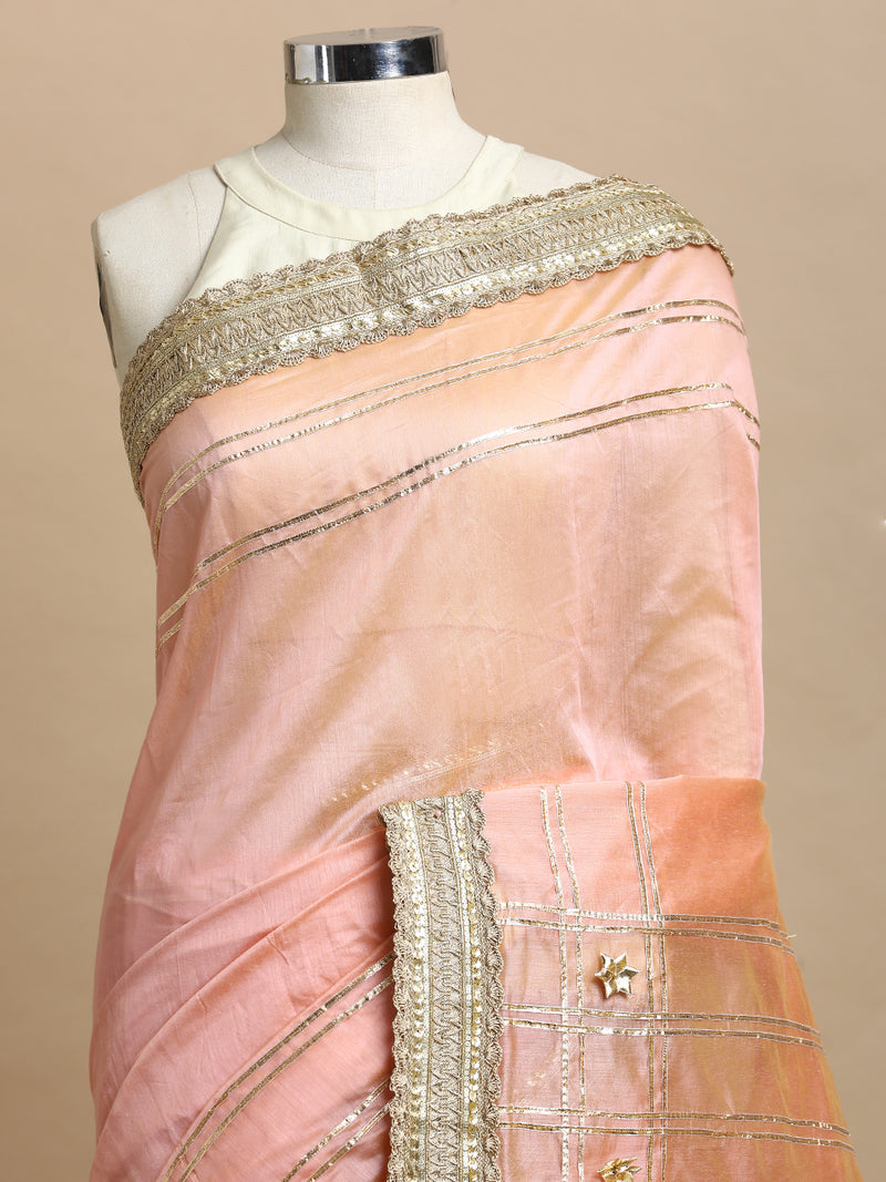 Sringara x Tyohaar | Peach Chandheri Heritage Line Gota Work Saree With Designer Embroidered Lace-Binks