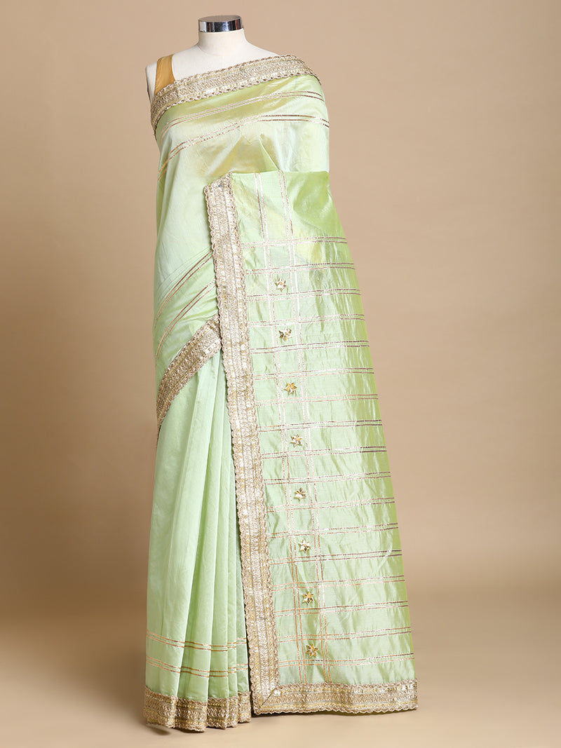Sringara x Tyohaar | Pista Green Chandheri Heritage Line Gota Work Saree With Designer Embroidered Lace-Binks