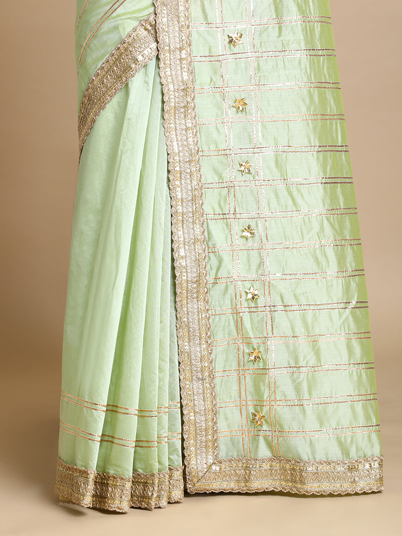 Sringara x Tyohaar | Pista Green Chandheri Heritage Line Gota Work Saree With Designer Embroidered Lace-Binks