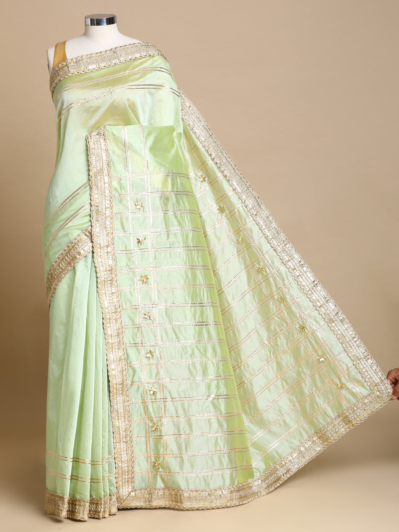 Sringara x Tyohaar | Pista Green Chandheri Heritage Line Gota Work Saree With Designer Embroidered Lace-Binks