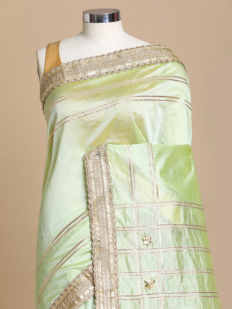 Sringara x Tyohaar | Pista Green Chandheri Heritage Line Gota Work Saree With Designer Embroidered Lace-Binks