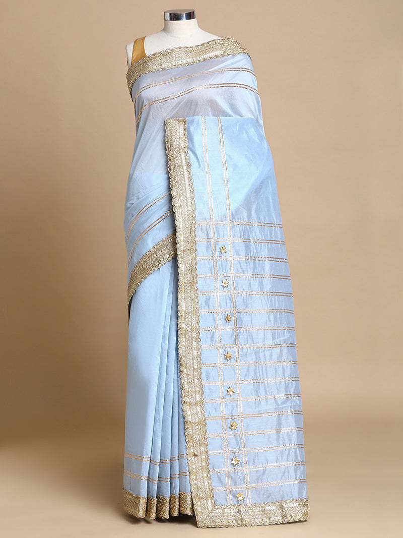 Sringara x Tyohaar | Powder Blue Chandheri Heritage Line Gota Work Saree With Designer Embroidered Lace-Binks