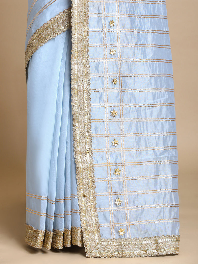 Sringara x Tyohaar | Powder Blue Chandheri Heritage Line Gota Work Saree With Designer Embroidered Lace-Binks