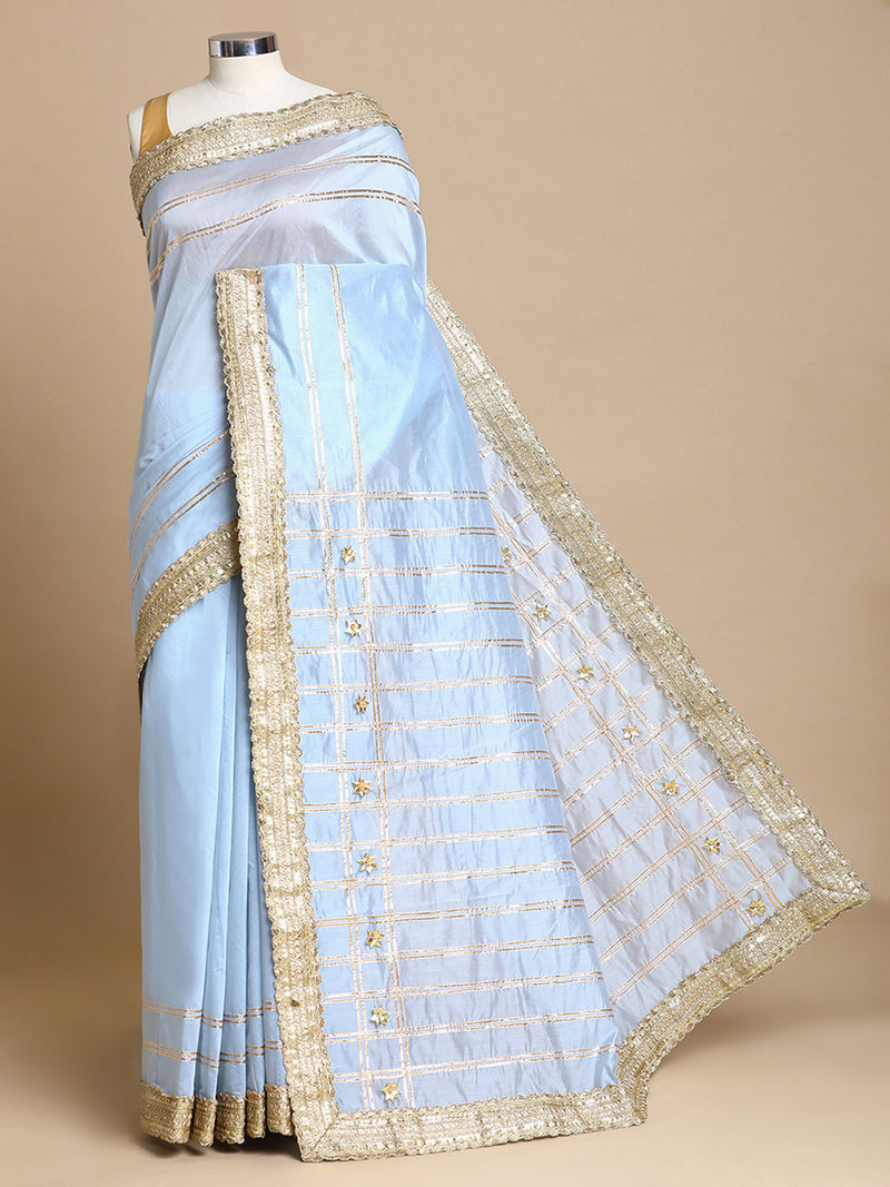 Sringara x Tyohaar | Powder Blue Chandheri Heritage Line Gota Work Saree With Designer Embroidered Lace-Binks