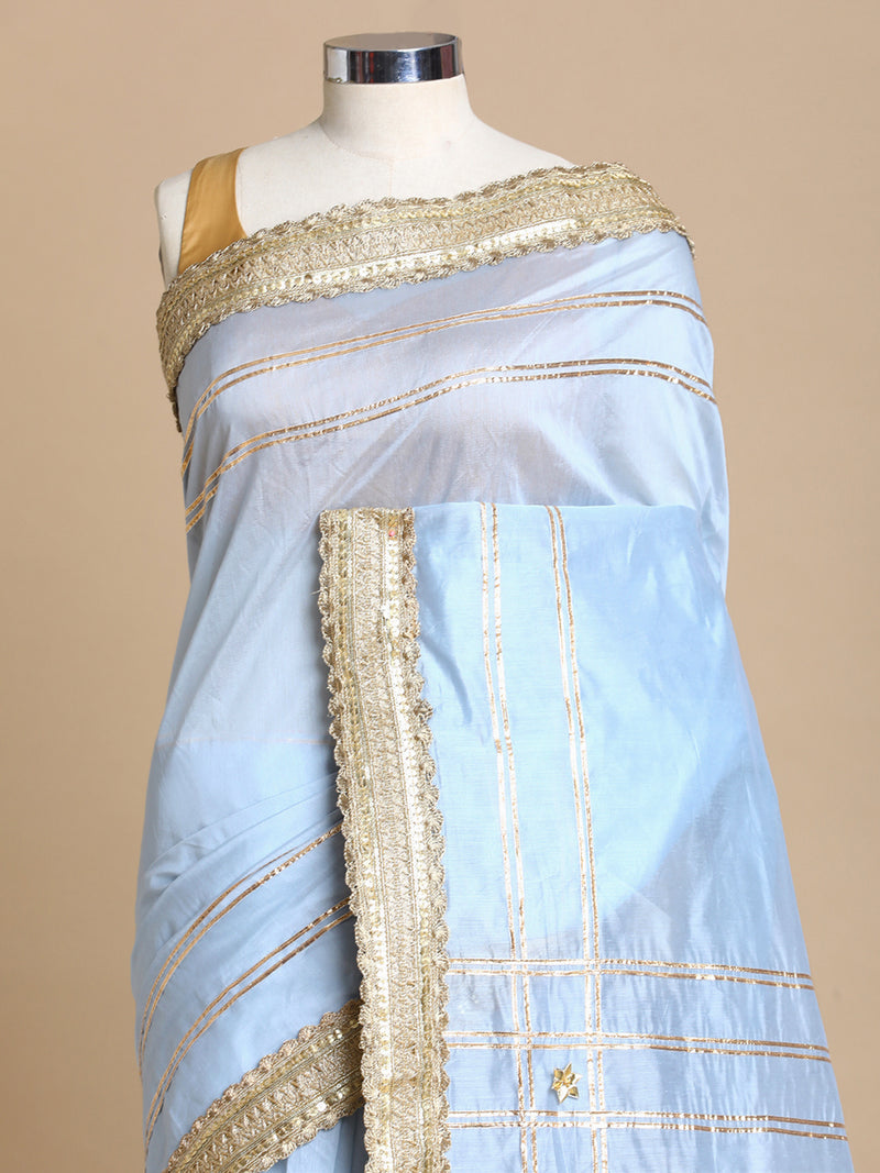 Sringara x Tyohaar | Powder Blue Chandheri Heritage Line Gota Work Saree With Designer Embroidered Lace-Binks