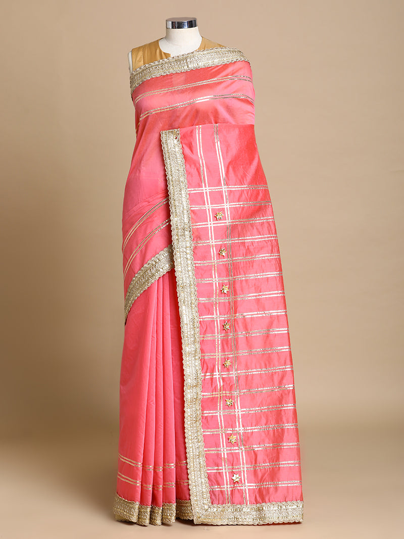 Sringara x Tyohaar | Rose Pink Chandheri Heritage Line Gota Work Saree With Designer Embroidered Lace-Binks