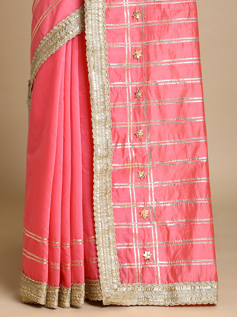 Sringara x Tyohaar | Rose Pink Chandheri Heritage Line Gota Work Saree With Designer Embroidered Lace-Binks