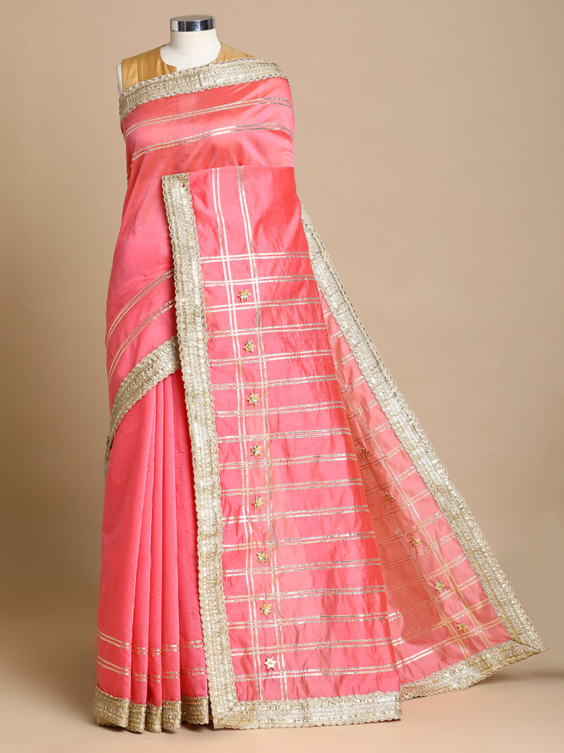 Sringara x Tyohaar | Rose Pink Chandheri Heritage Line Gota Work Saree With Designer Embroidered Lace-Binks
