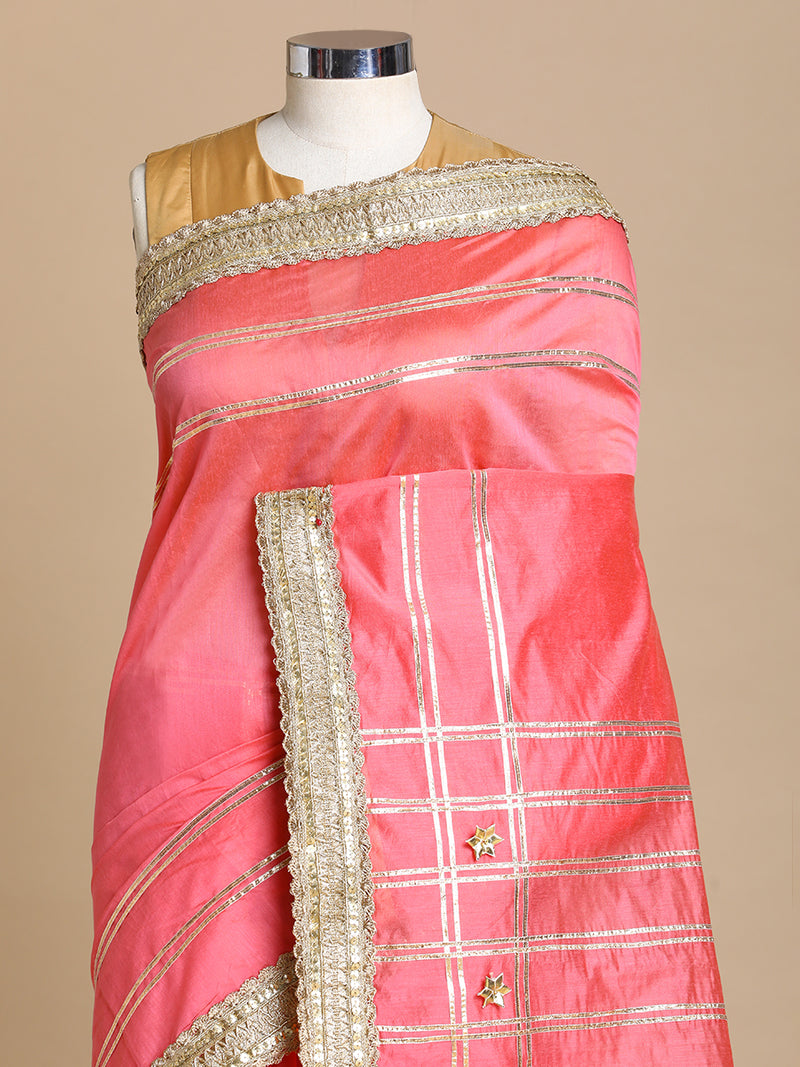 Sringara x Tyohaar | Rose Pink Chandheri Heritage Line Gota Work Saree With Designer Embroidered Lace-Binks