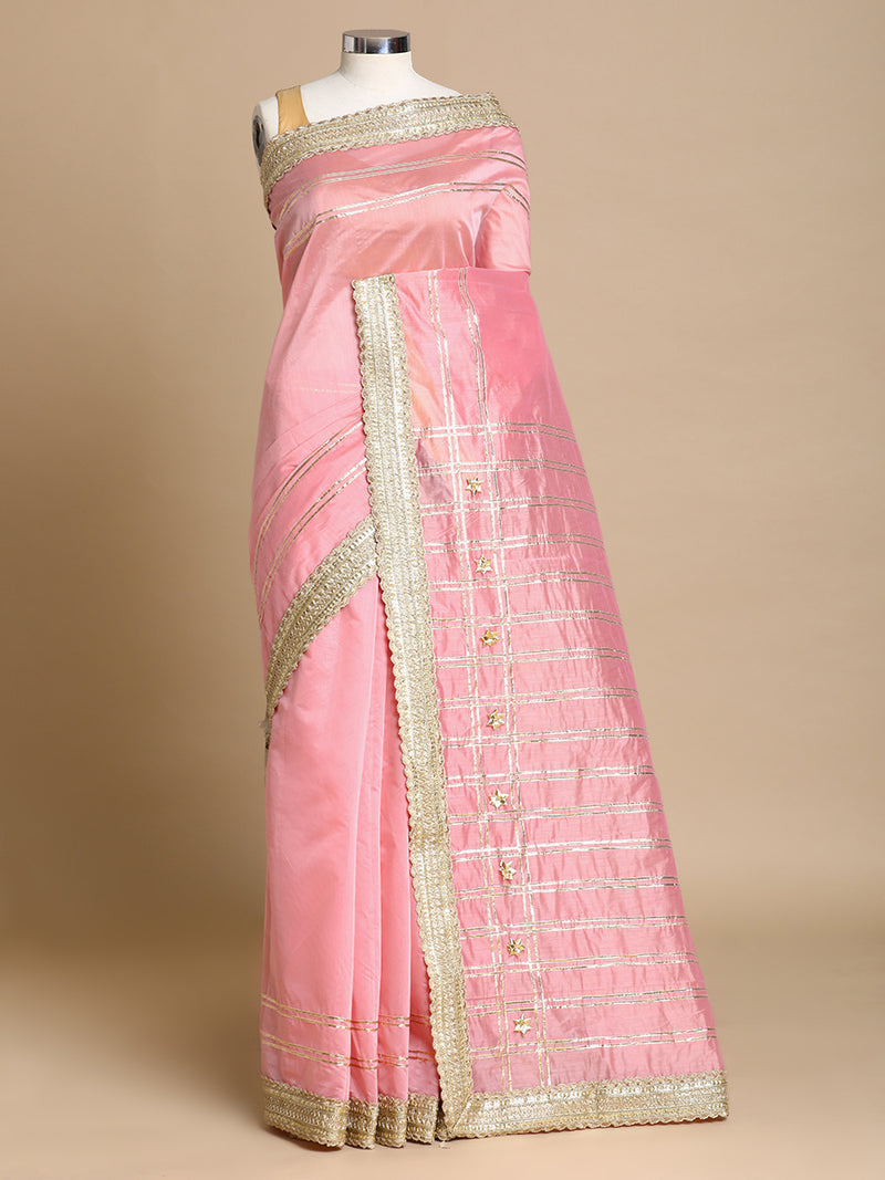 Sringara x Tyohaar | Sea Pink Chandheri Heritage Line Gota Work Saree With Designer Embroidered Lace-Binks