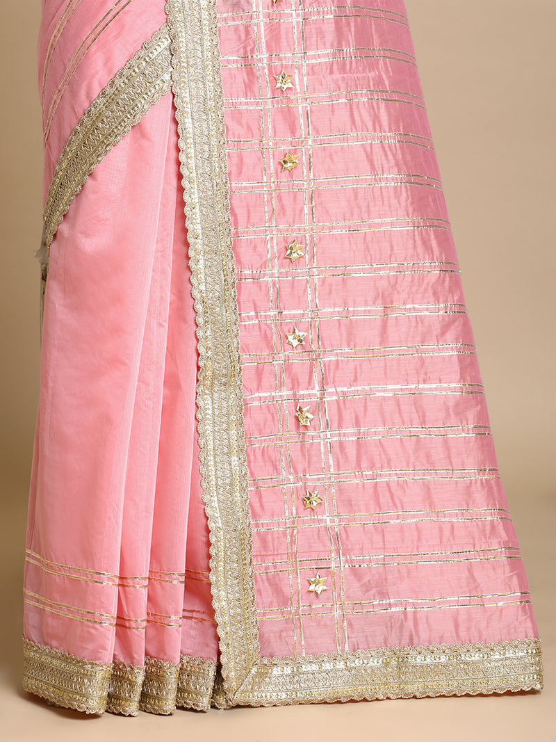 Sringara x Tyohaar | Sea Pink Chandheri Heritage Line Gota Work Saree With Designer Embroidered Lace-Binks
