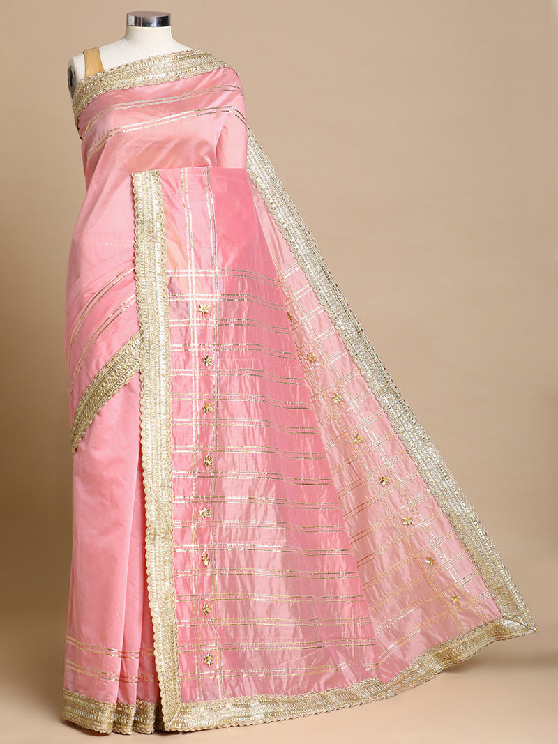 Sringara x Tyohaar | Sea Pink Chandheri Heritage Line Gota Work Saree With Designer Embroidered Lace-Binks