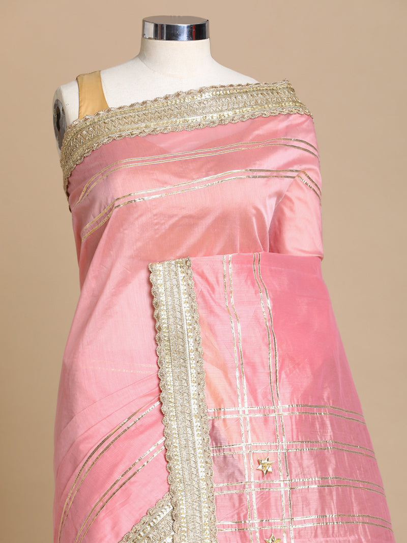 Sringara x Tyohaar | Sea Pink Chandheri Heritage Line Gota Work Saree With Designer Embroidered Lace-Binks