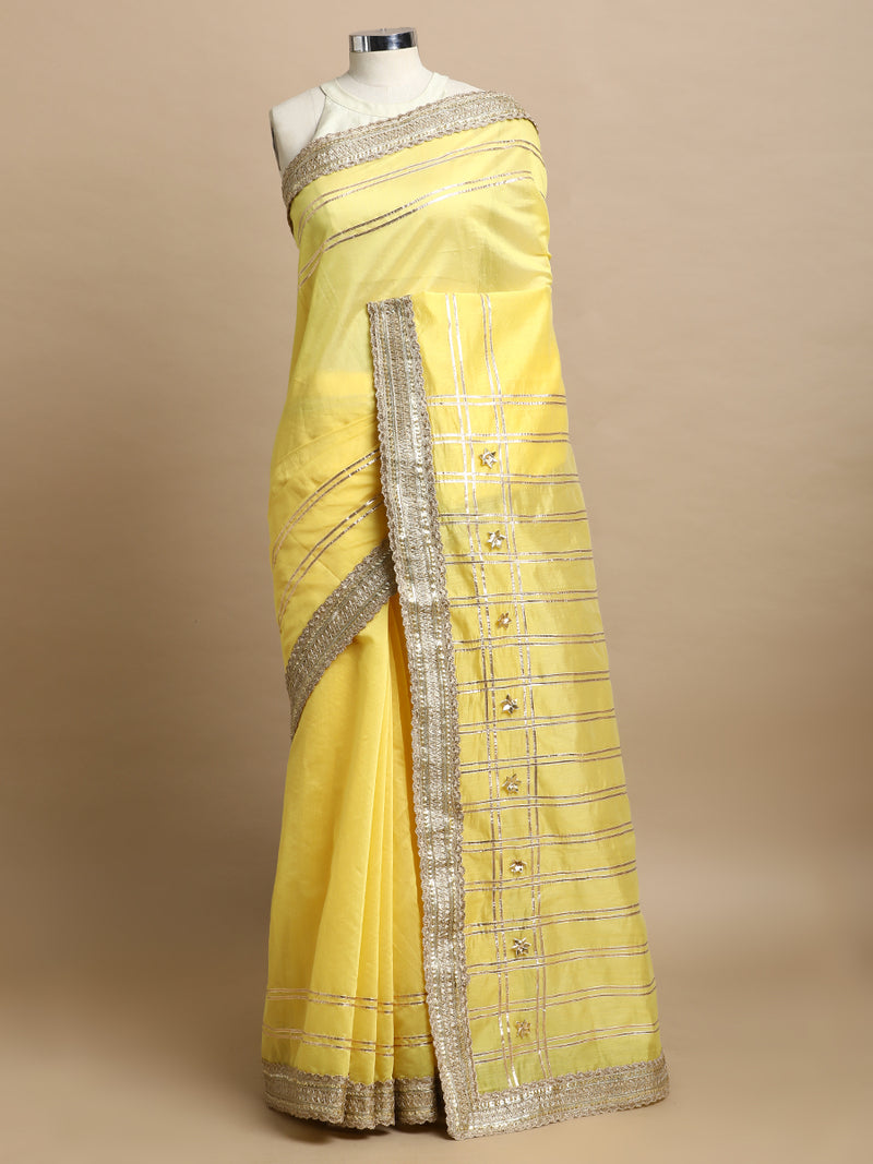 Sringara x Tyohaar | Sunny Yellow Chandheri Heritage Line Gota Work Saree With Designer Embroidered Lace-Binks